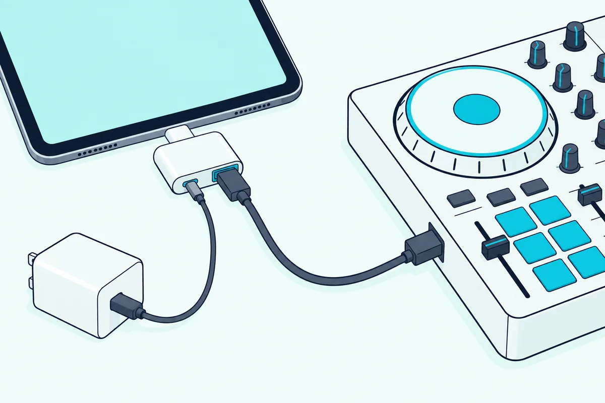 Small USB adapter plugged into a tablet with cables running to a DJ controller and a power block