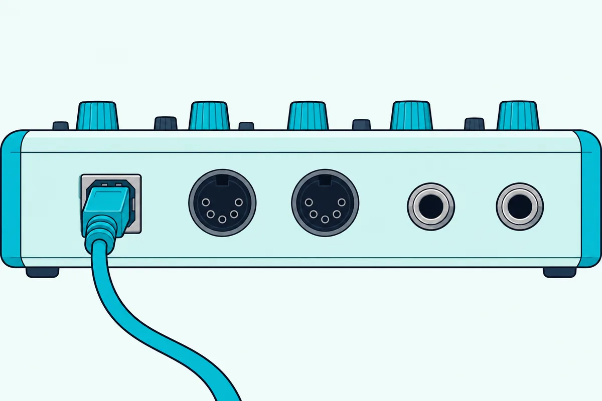 Back panel of a synthesizer with a USB cable plugged in beside two round five-pin MIDI sockets