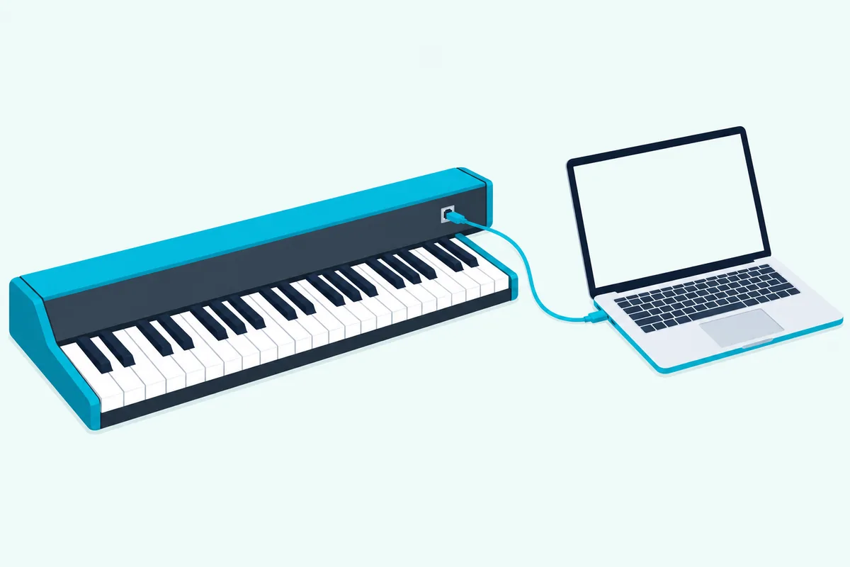 USB cable running from a keyboard's rear port to a laptop's side port