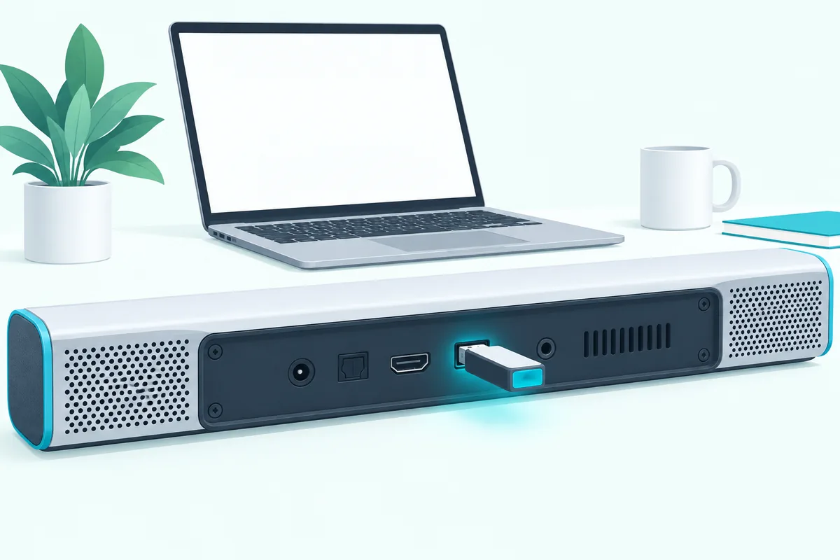 USB stick plugged into a soundbar's back panel for a firmware update