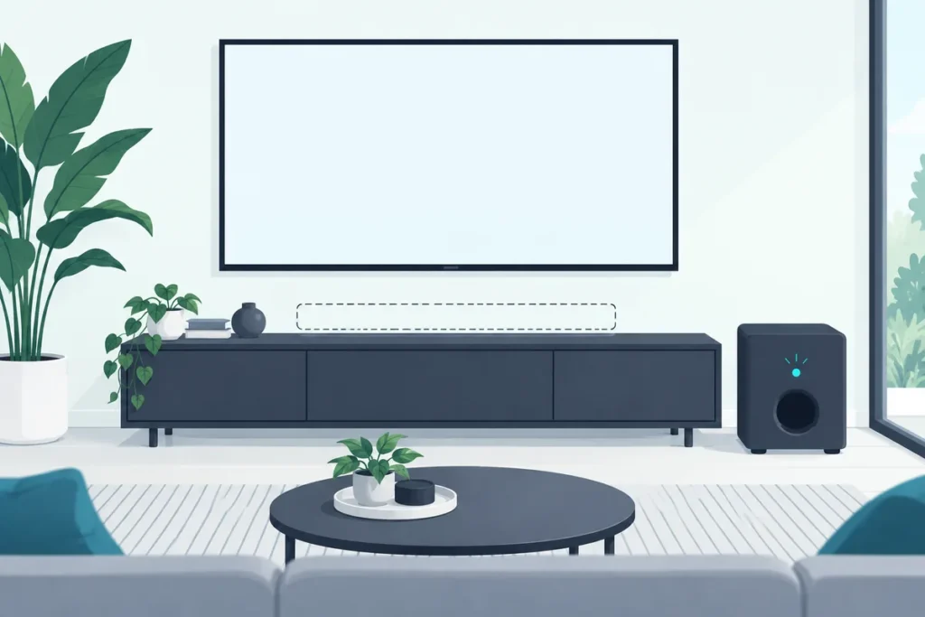 Wireless subwoofer beside a TV with only an outline where its soundbar should be, a Vizio subwoofer without soundbar
