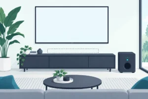 Wireless subwoofer beside a TV with only an outline where its soundbar should be, a Vizio subwoofer without soundbar