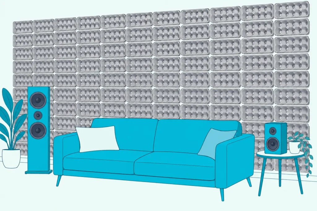 Small room with one wall covered in rows of gray paper egg cartons above a sofa