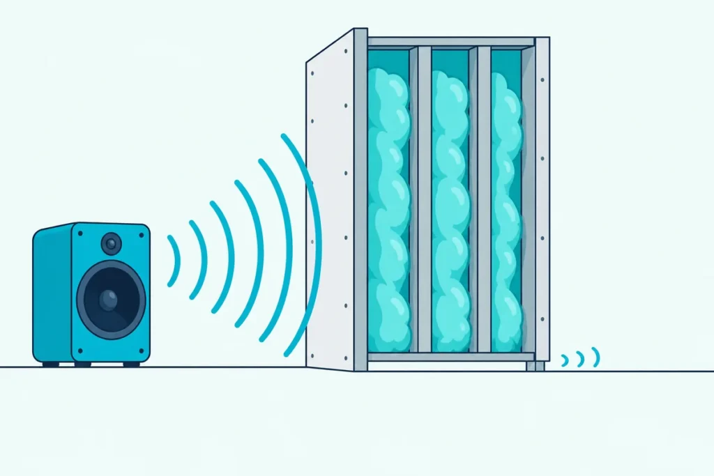 Wall cross-section with a foam-filled cavity and sound arcs stopped by the wall except at a small bottom gap