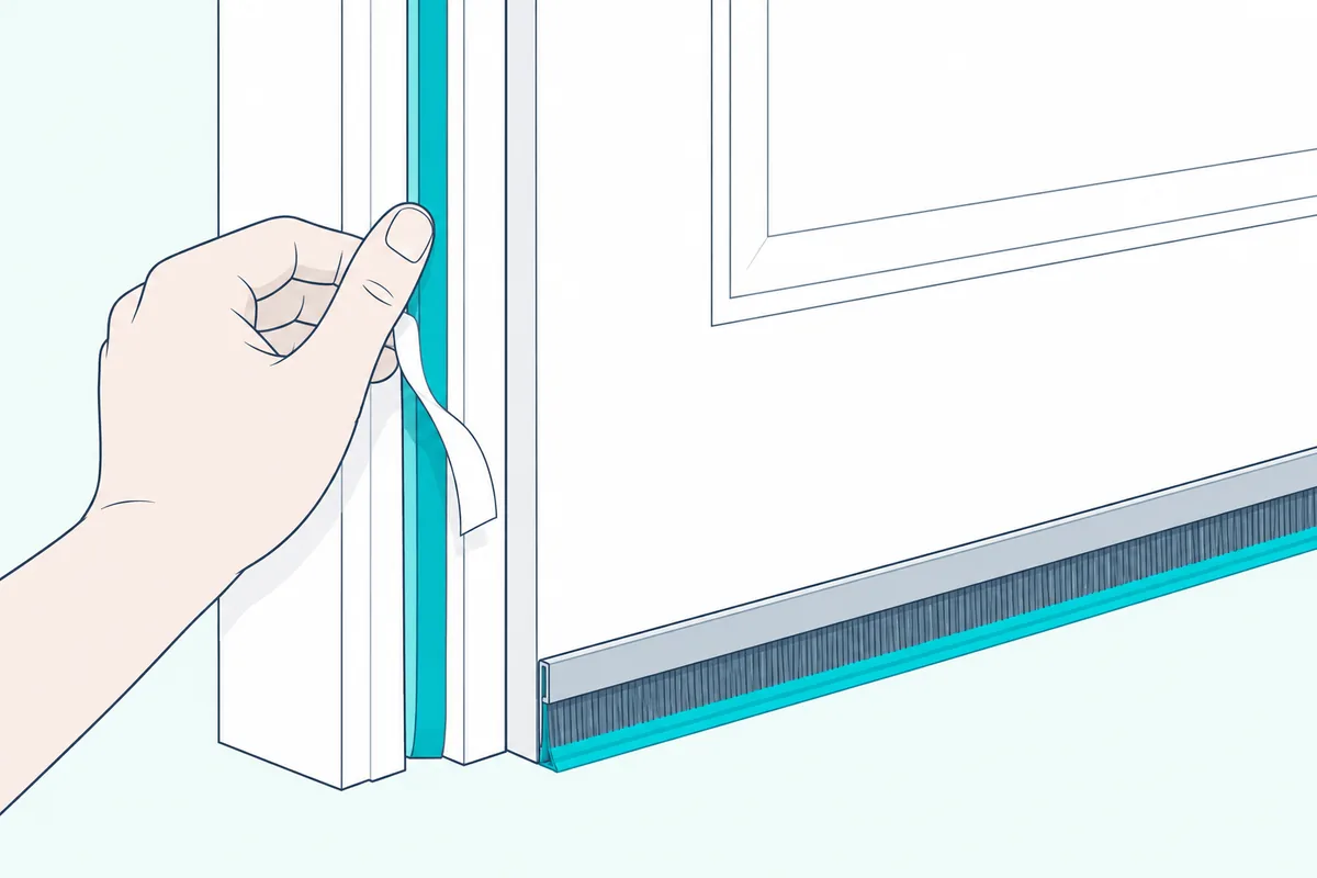 Hand pressing weather stripping onto a door frame above a door sweep fitted at the bottom of the door