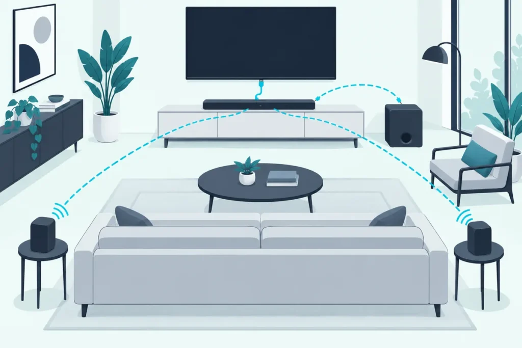 Soundbar wired to the TV by HDMI while its subwoofer and rear speakers connect wirelessly, wired vs wireless soundbar