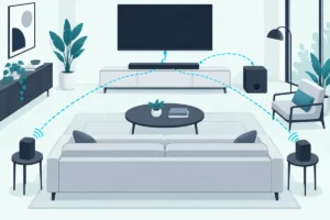 Soundbar wired to the TV by HDMI while its subwoofer and rear speakers connect wirelessly, wired vs wireless soundbar