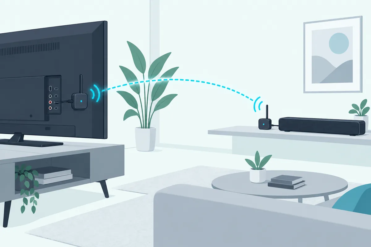 Small wireless audio transmitter and receiver sending TV sound to a soundbar across the room