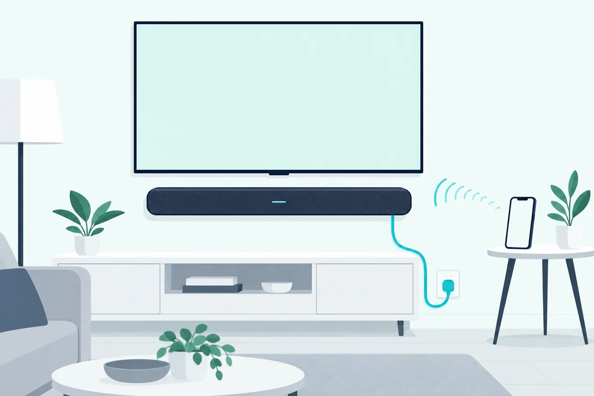 Wireless soundbar plugged into a wall outlet, showing it still needs a power cable
