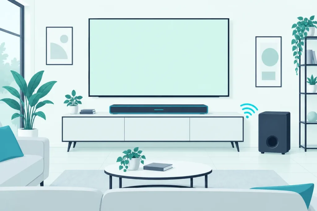 Wireless subwoofer standing beside a TV console with a soundbar, the pair a Sony subwoofer links to