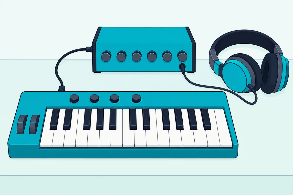 A 25-key MIDI keyboard cabled to a small desktop synth module, with headphones plugged into the module