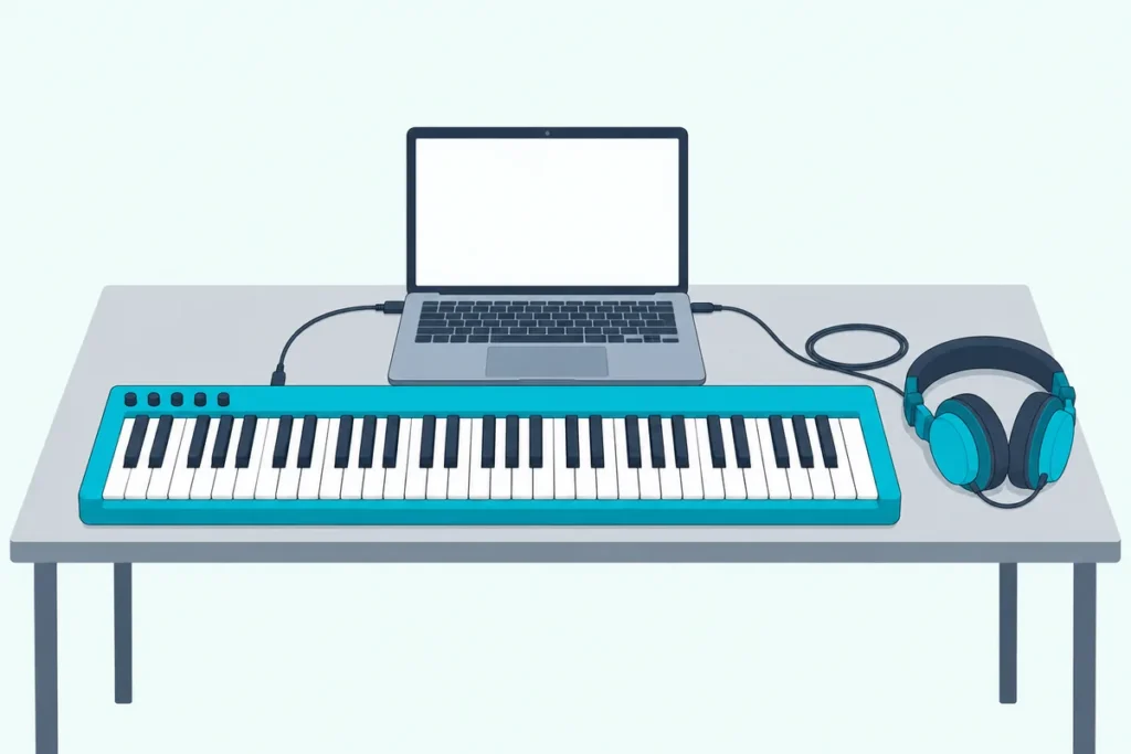 A 61-key MIDI keyboard cabled to an open laptop with a blank screen, with headphones resting on the desk beside it