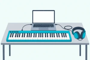 A 61-key MIDI keyboard cabled to an open laptop with a blank screen, with headphones resting on the desk beside it