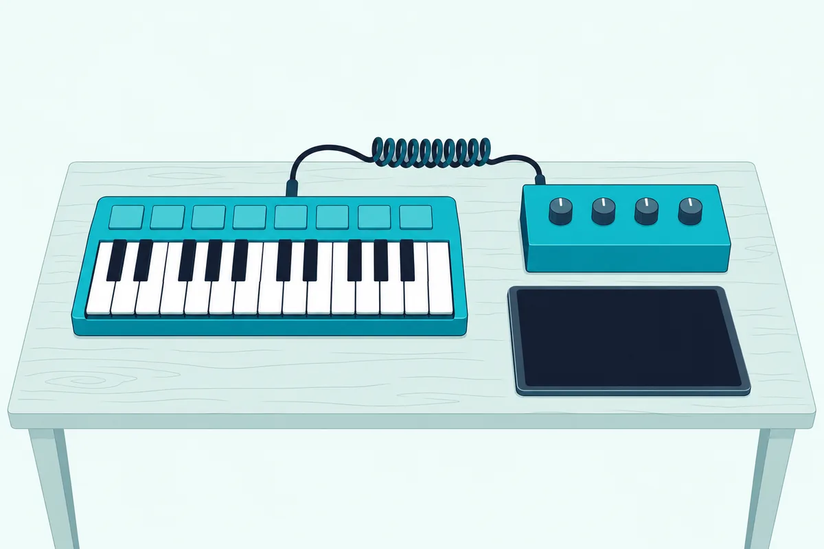 A 25-key MIDI controller connected by a cable to a small synthesizer module, with a tablet with a blank screen beside it
