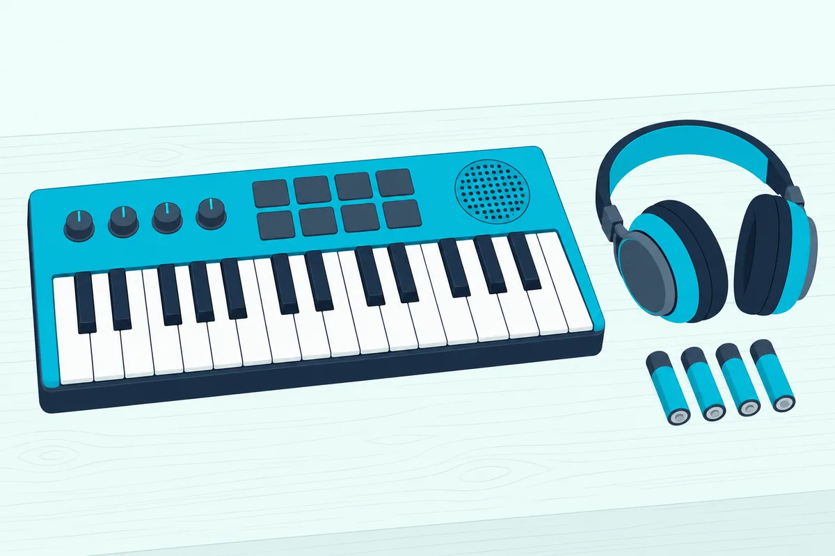 A 25-key MIDI keyboard with a speaker grille, eight pads and four knobs, beside headphones and four AA batteries