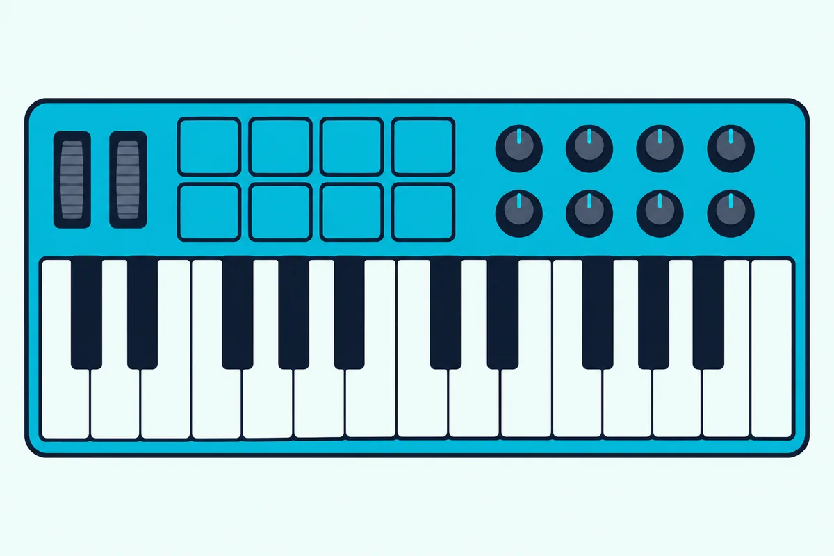 Twenty-five-key mini keyboard with eight square pads and eight round knobs seen from above