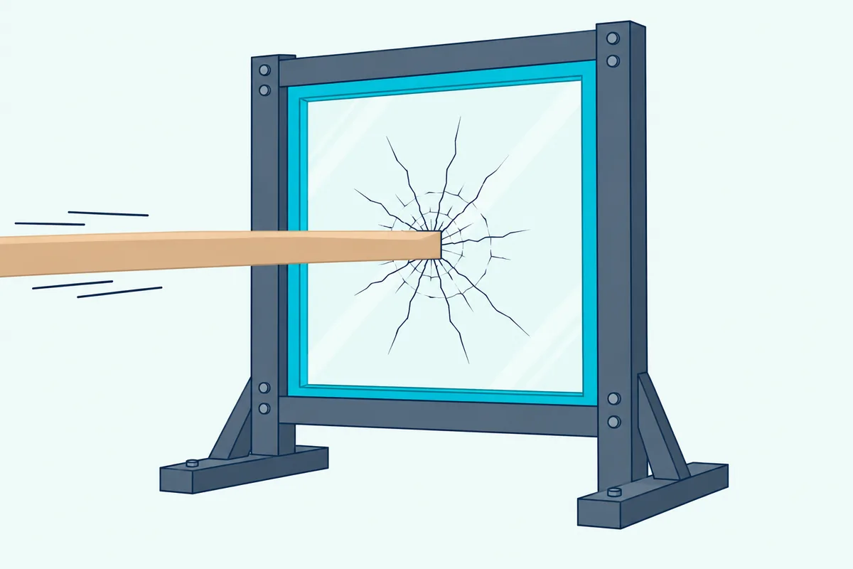 A 2x4 board striking an impact window in a test frame, with cracks spreading across glass that stays in place