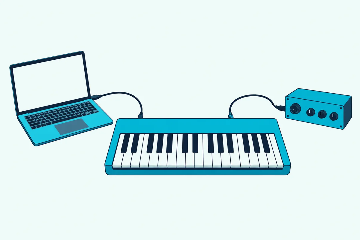 A 37-key controller linked by a USB cable to a laptop and by a five-pin cable to a synthesizer