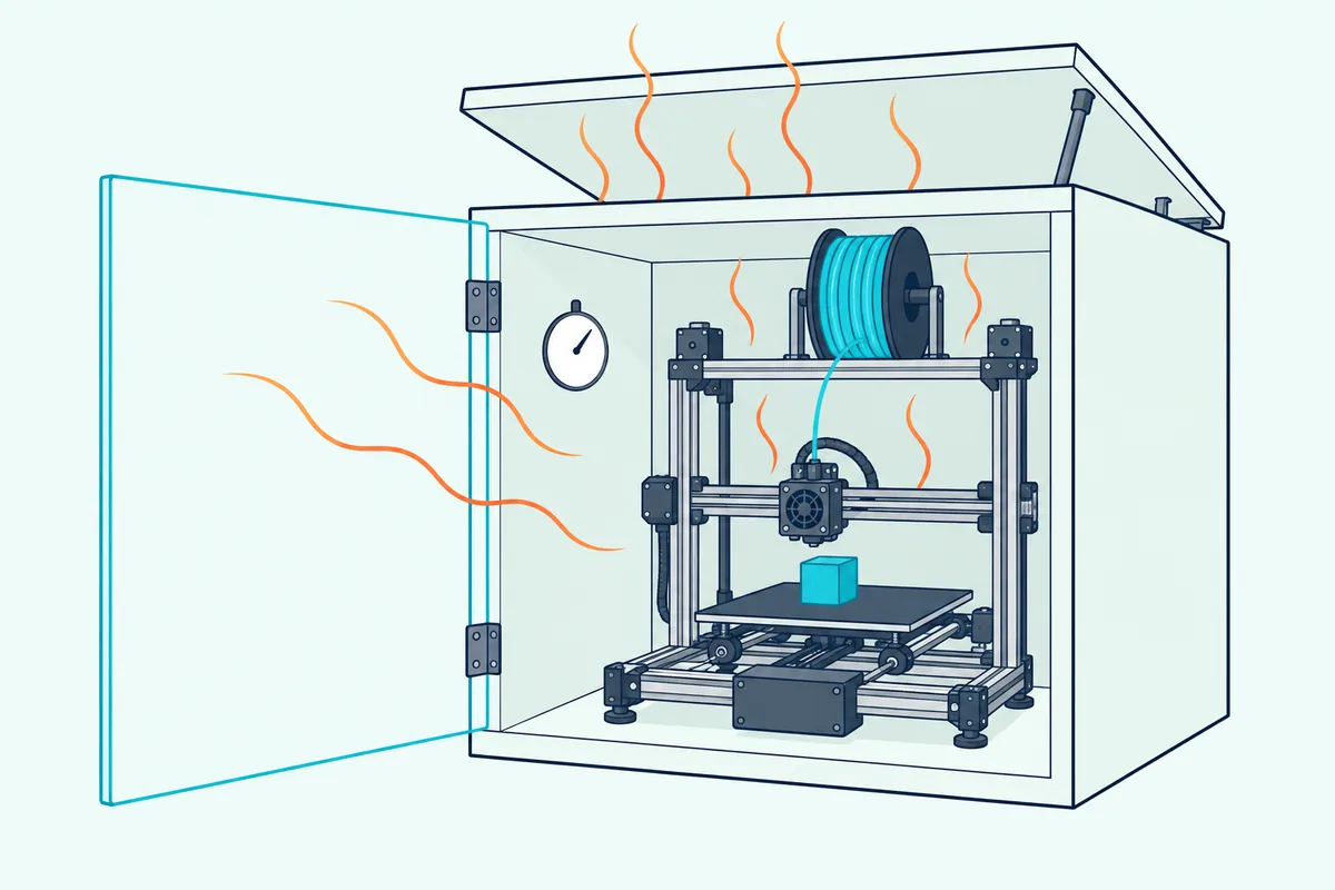 A 3D printer inside a solid enclosure with its front door open and warm air rising out of the open top