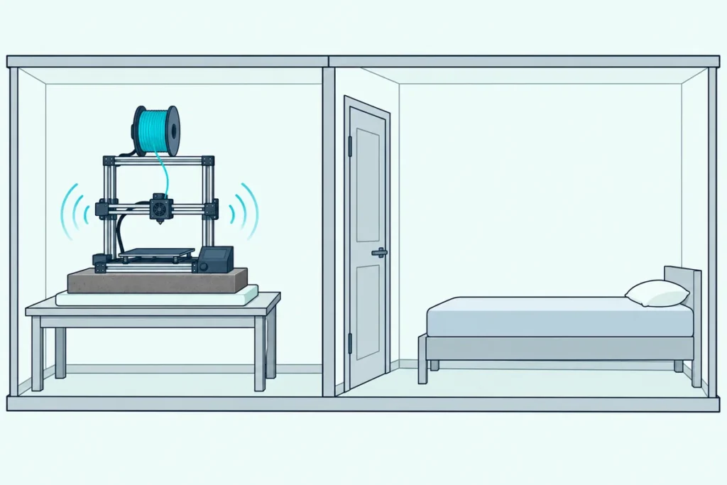 A 3D printer on a concrete paver over foam in a small room with the door closed, its sound waves staying inside