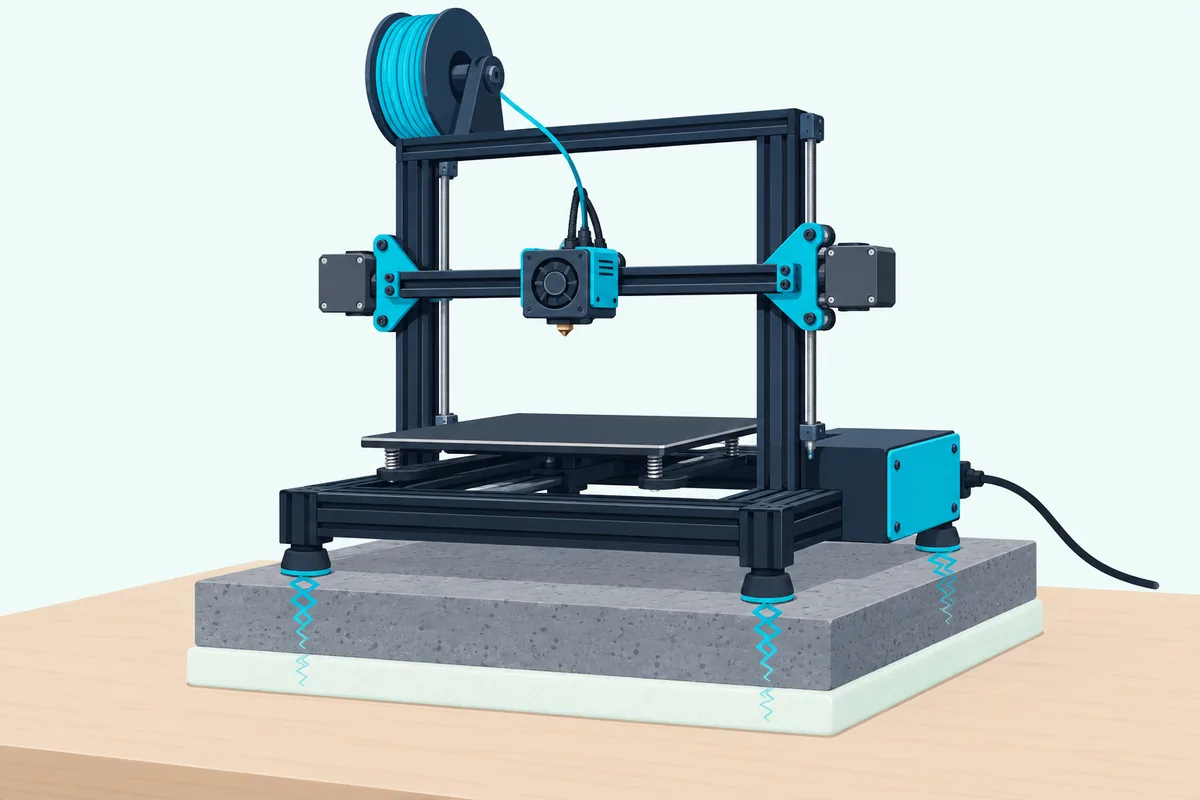 A 3D printer on a concrete paver over soft foam on a wooden desk, with vibration lines stopping at the foam