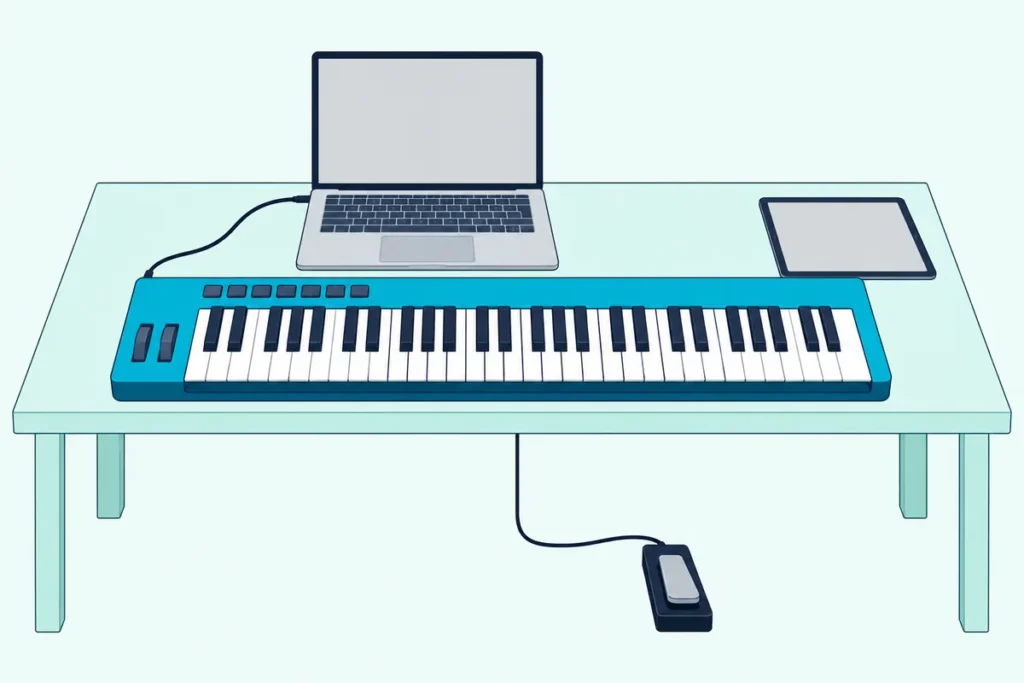 MIDI keyboard with 49 keys on a desk, cabled to an open laptop, with a tablet and a sustain pedal nearby
