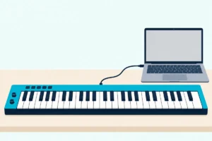 A 49-key MIDI keyboard on a desk, cabled to an open laptop with a blank screen