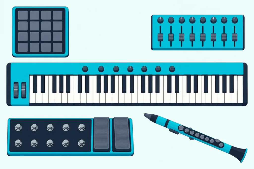 A 49-key MIDI keyboard surrounded by a pad grid, a fader controller, a foot controller and a digital wind instrument