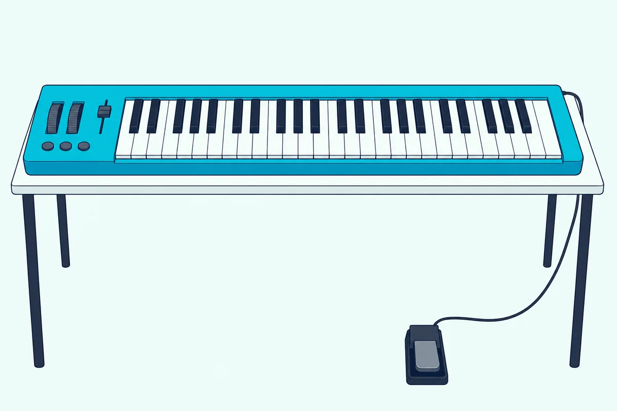 MIDI keyboard with forty-nine keys, pitch and modulation wheels and a sustain pedal on the floor