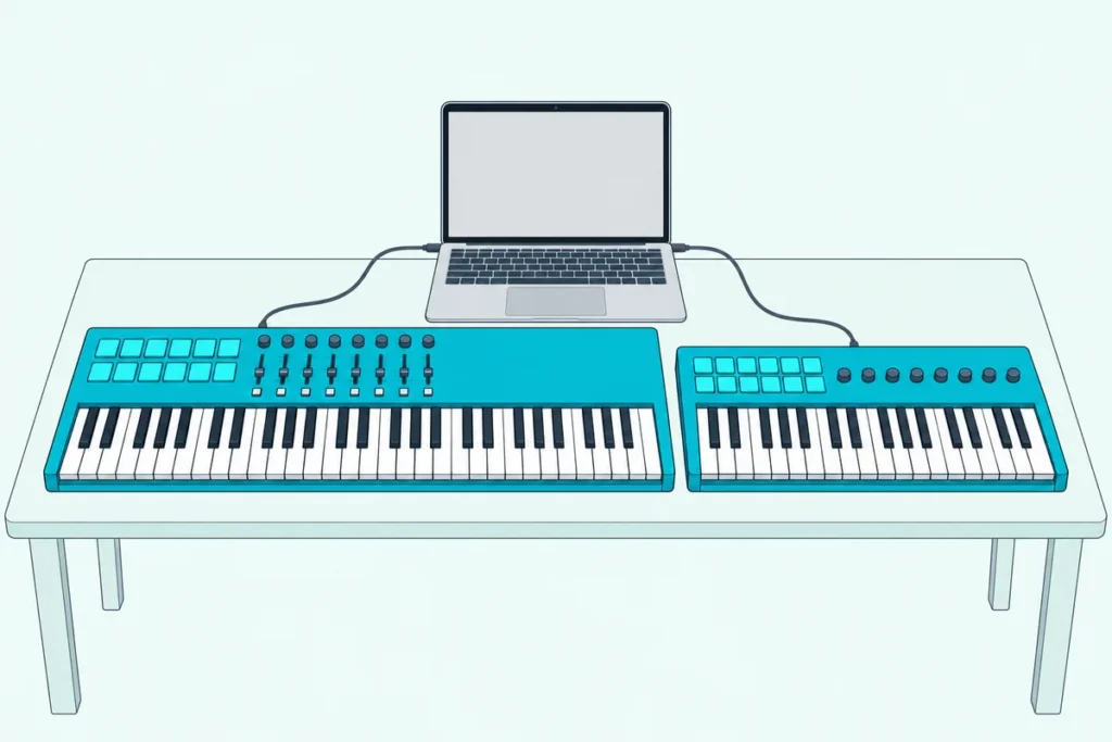 Sixty-one-key MIDI keyboard with pads and faders beside a small 37-key keyboard and a laptop on a desk