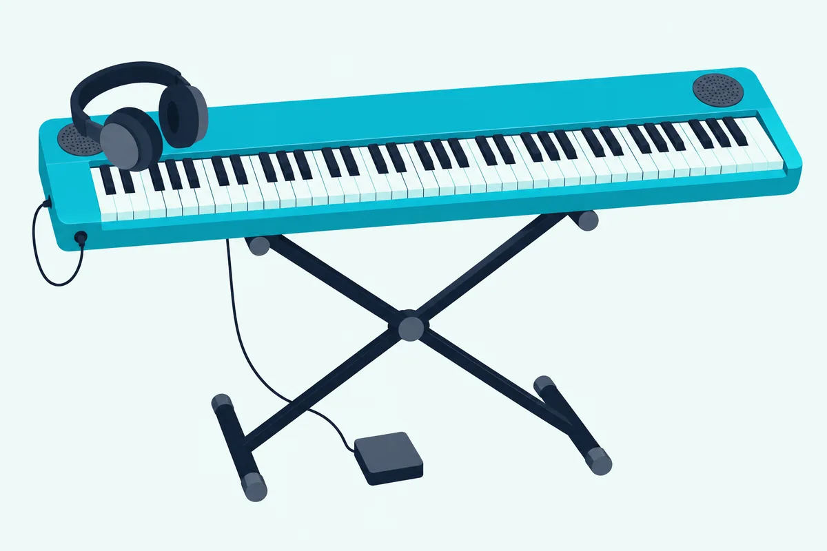 A 61-key portable keyboard with two speaker grilles on a stand, headphones plugged in and a sustain pedal on the floor