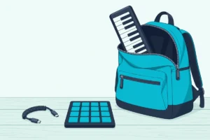 A backpack on a table with a slim MIDI keyboard sliding out of it beside a small pad controller and a coiled cable