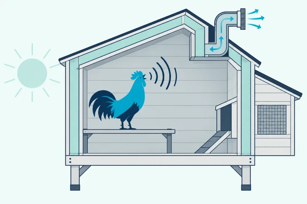 A backyard chicken coop with thick walls and a lined roof vent keeping a rooster's crow inside at dawn