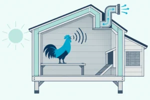 A backyard chicken coop with thick walls and a lined roof vent keeping a rooster's crow inside at dawn