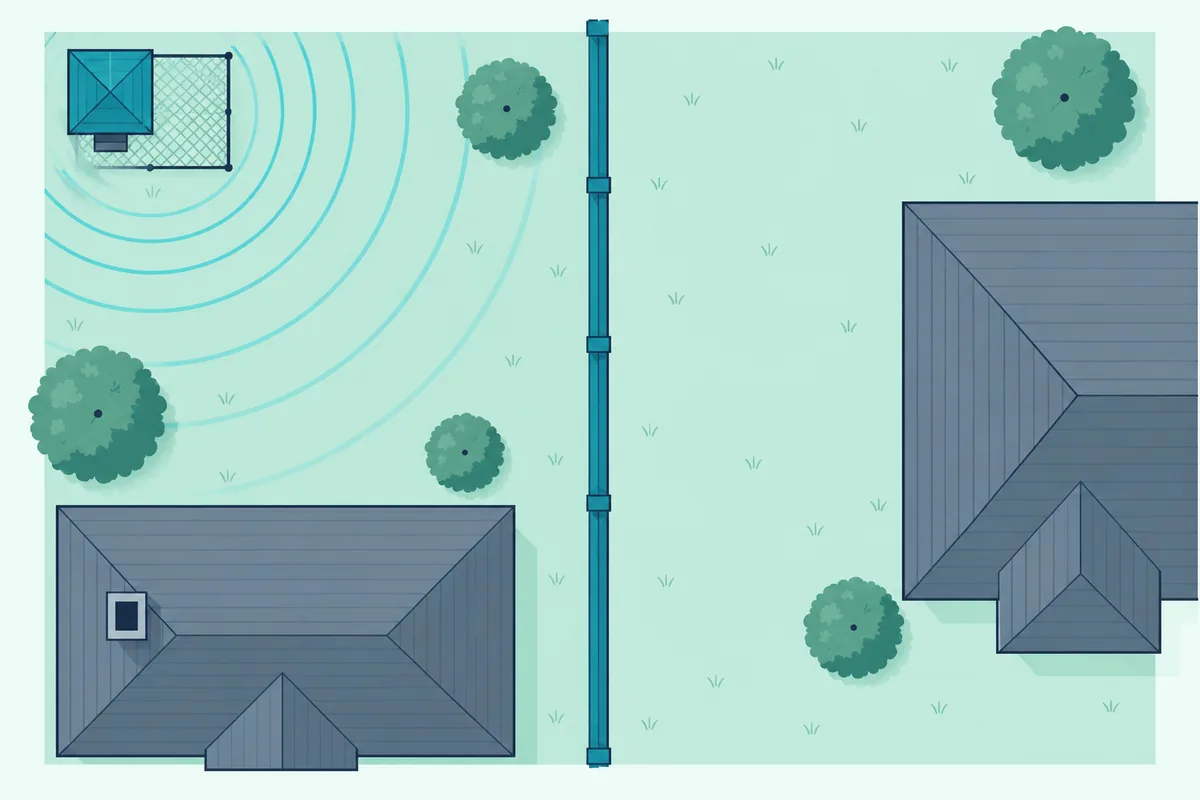 A backyard seen from above with a chicken coop at the far end, away from the neighbor's house, behind a solid fence