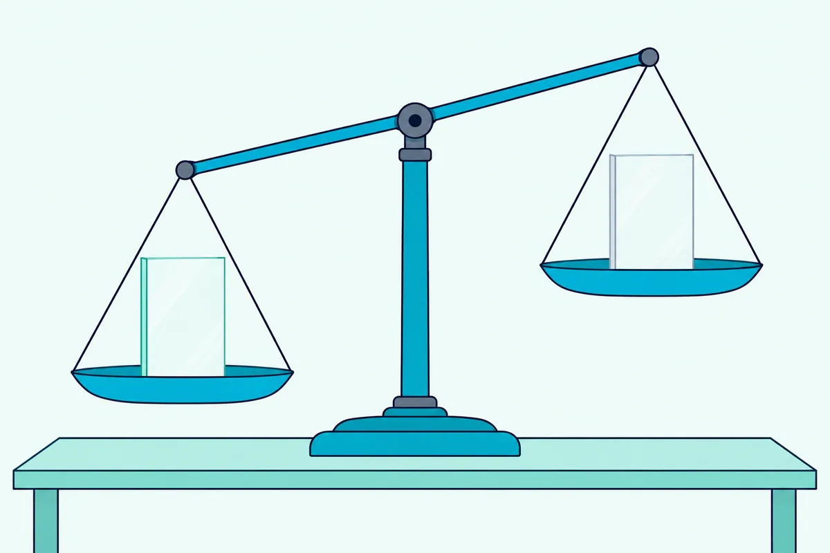 A balance scale holding a glass pane on the lower side and an acrylic pane of equal size on the higher side