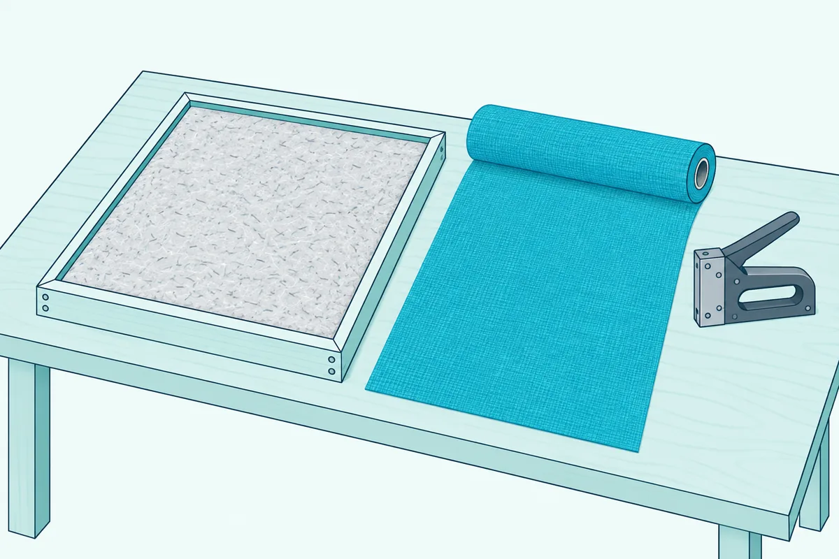 A bare acoustic panel frame on a worktable with a roll of fabric and a staple gun beside it