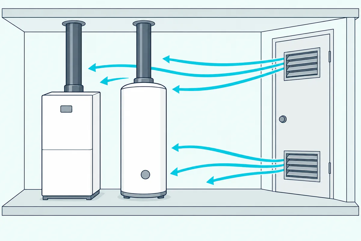 A basement boiler room with a floor-standing boiler and a water heater, two grilles in its door letting air in