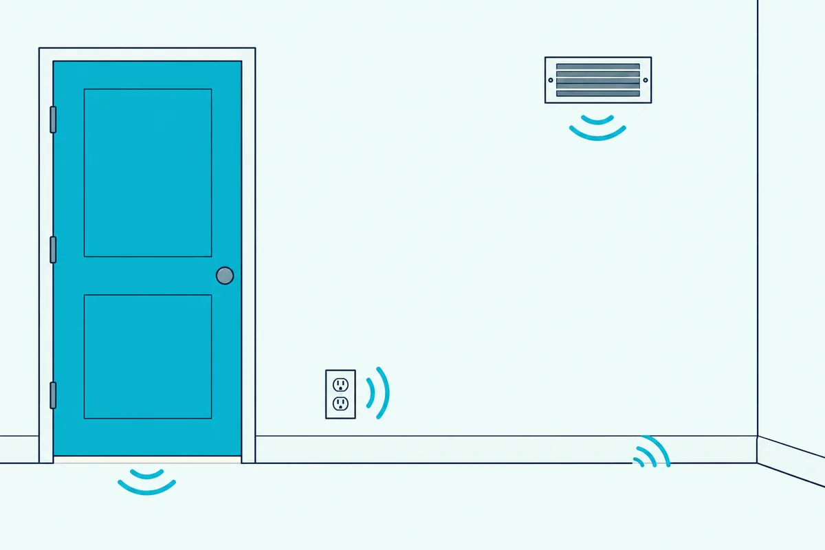 Bedroom door with a gap under it, a wall outlet near the baseboard and an air vent, the usual paths for a neighbor's noise