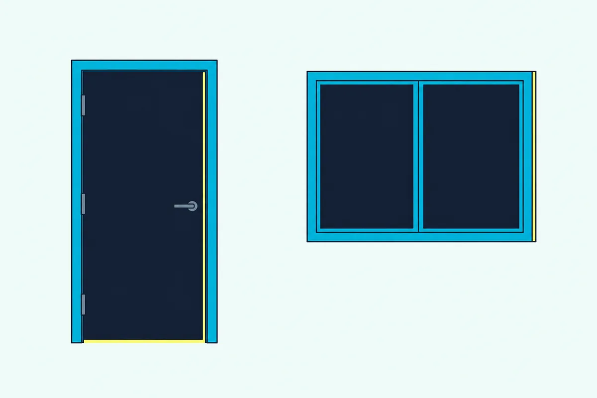 A bedroom door with a strip of light showing under it and along one edge, beside a window with a gap at its frame