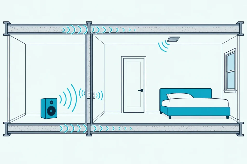 Cutaway of a bedroom sharing a wall with the next apartment, sound waves leaking through an outlet, floor edge and ceiling