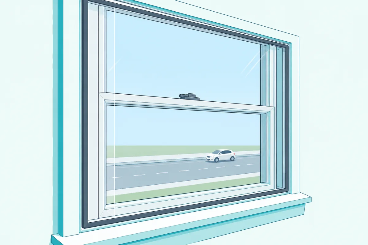 A bedroom window with a clear interior insert pressed into its frame and a closed, locked sash behind it