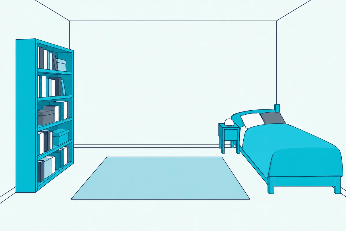 A bedroom with a full bookcase against the shared wall, the bed on the far side and a small white noise machine