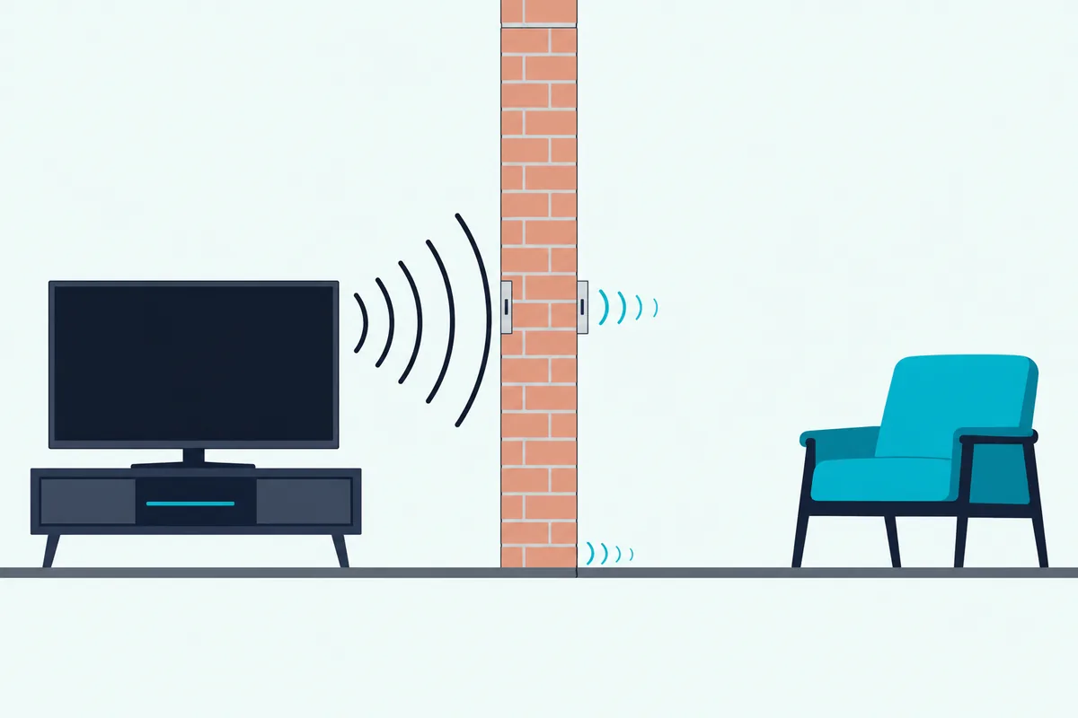 A brick wall between two rooms with sound passing through a crack at the floor and a pair of back-to-back sockets