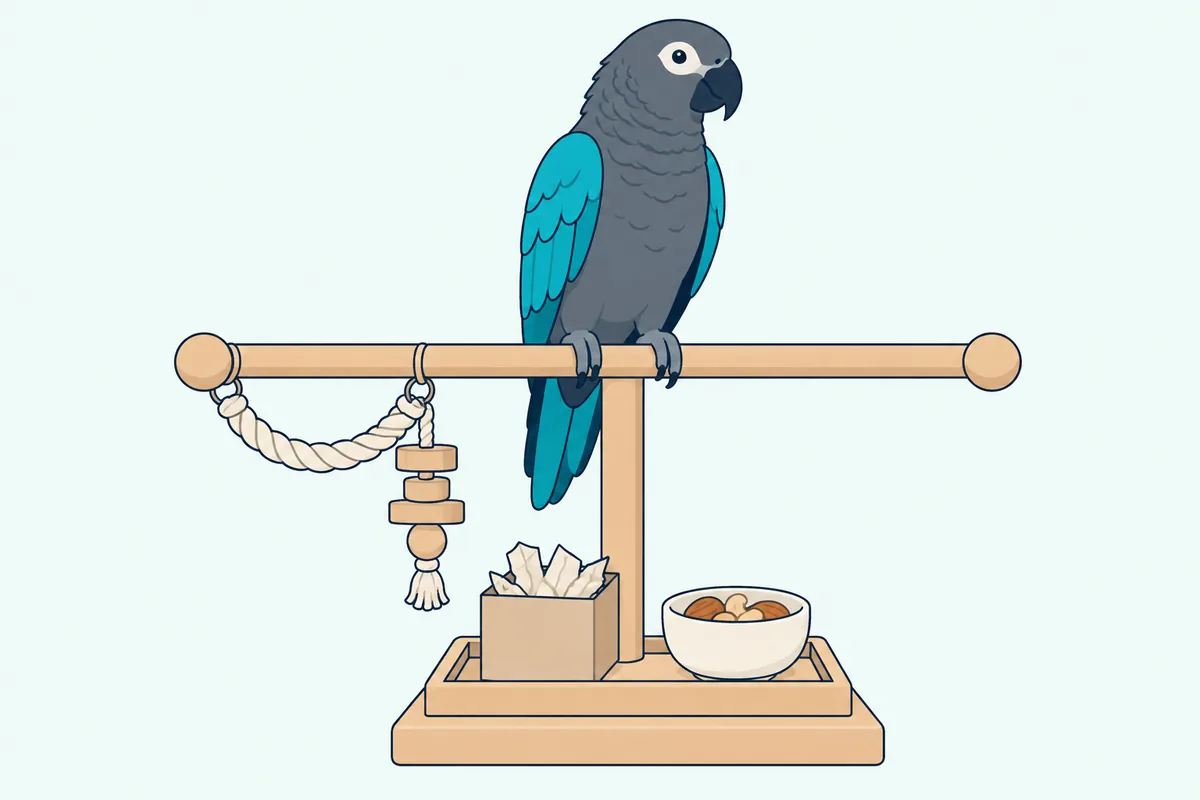 A calm parrot on a play stand beside a foraging box and a small bowl of treats