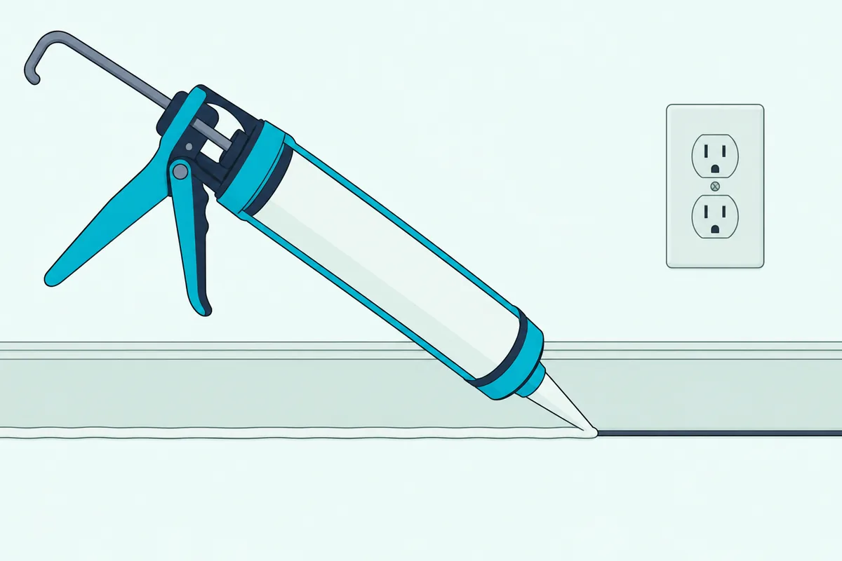 Caulk gun running a bead of acoustic sealant along the gap between a wall and a wooden baseboard