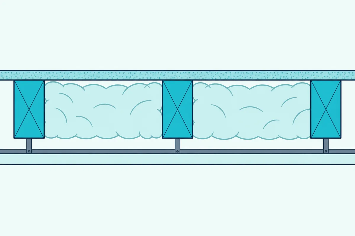 A ceiling cutaway showing joists, insulation, thin metal rails and a drywall board hung on the rails