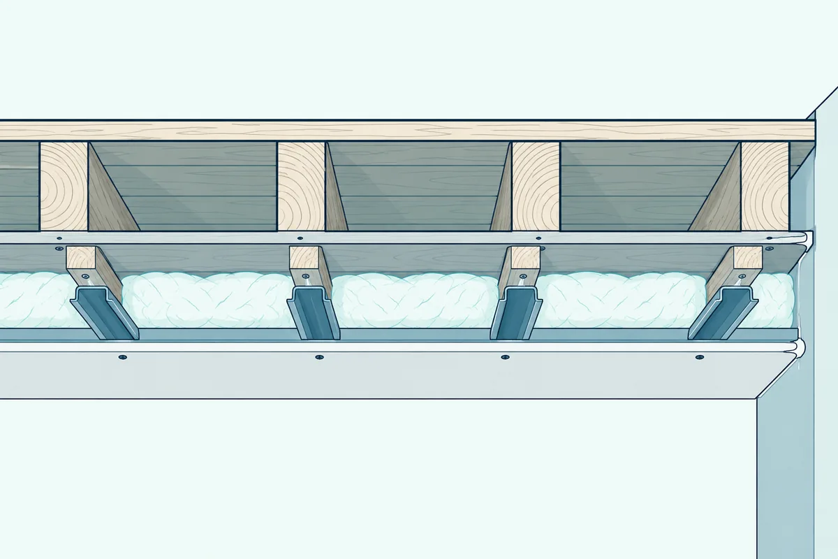 Ceiling cutaway with resilient metal channels under furring strips, glass fiber in the gap and a new gypsum board below