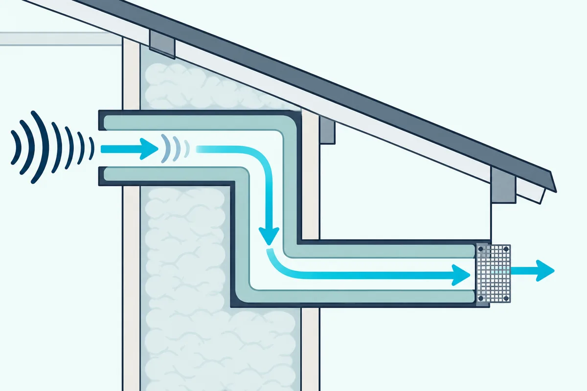 A chicken coop wall cutaway with a lined vent that bends twice so air passes and sound fades