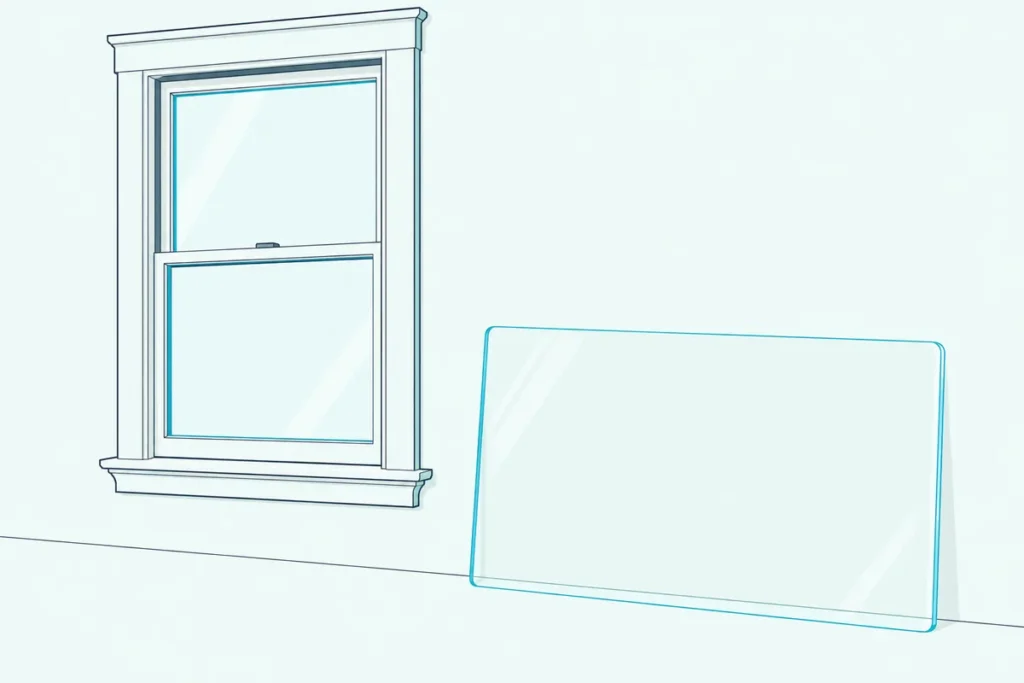 A clear acrylic sheet standing on its edge beside a single-pane sash window in a bright, plain room